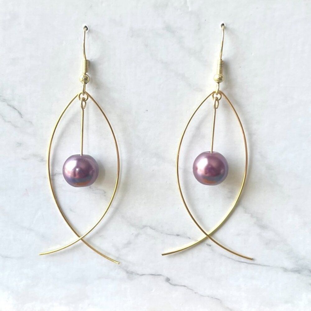 Gold Fish Earrings with Hanging Purple Faux Pearl Bead